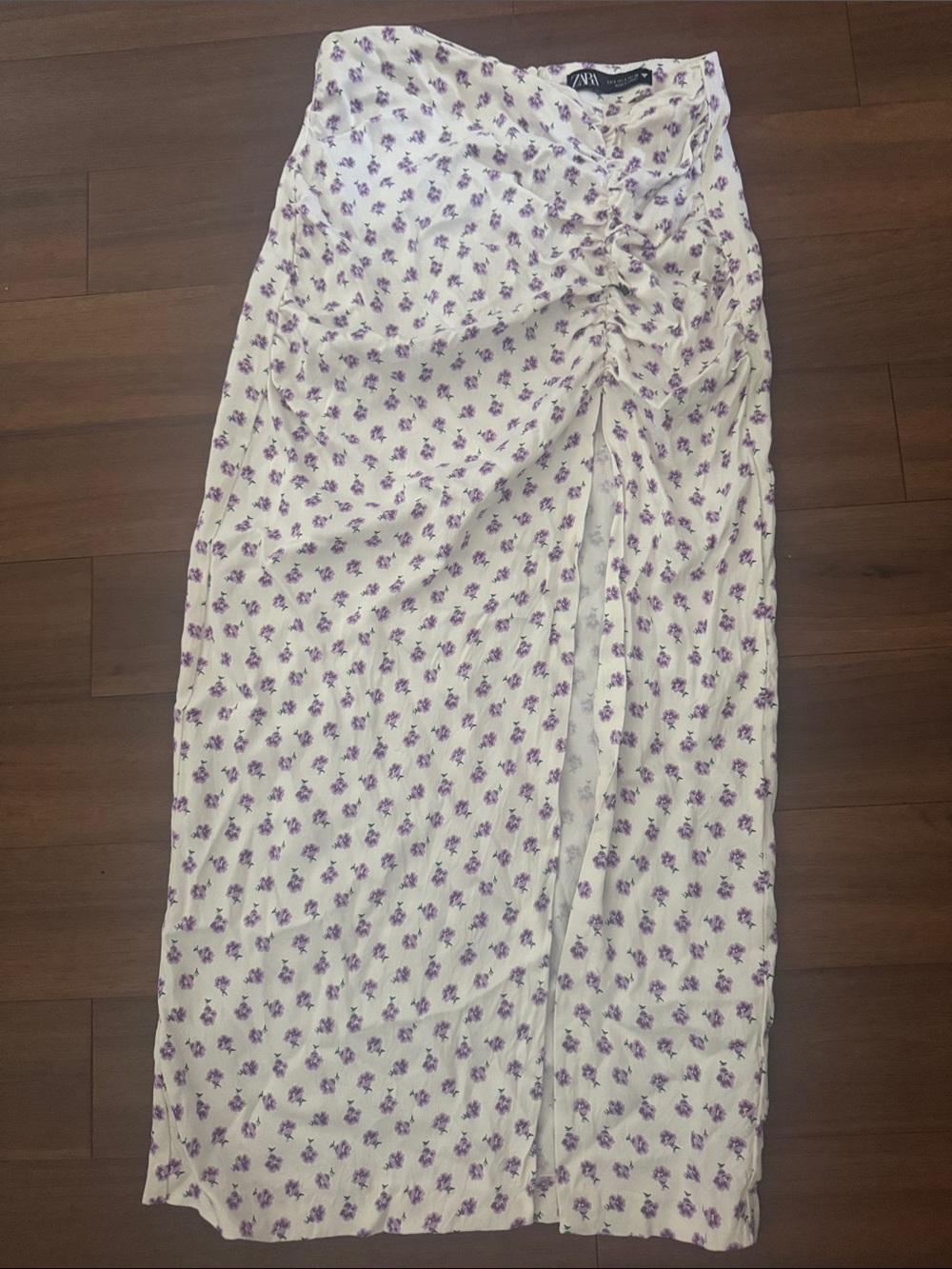 Zara Cream Maxi Skirt with Purple Floral Print and Side Ruched Detail